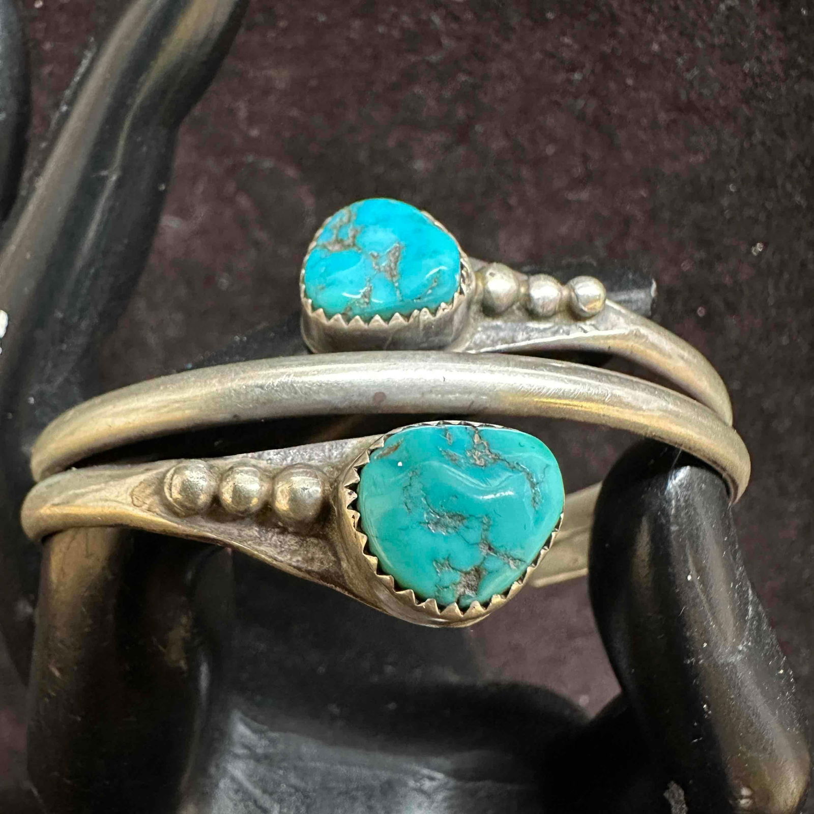 Dual Turquoise Stone Setting Sterling Silver Bracelet Cuff (1 of 7)