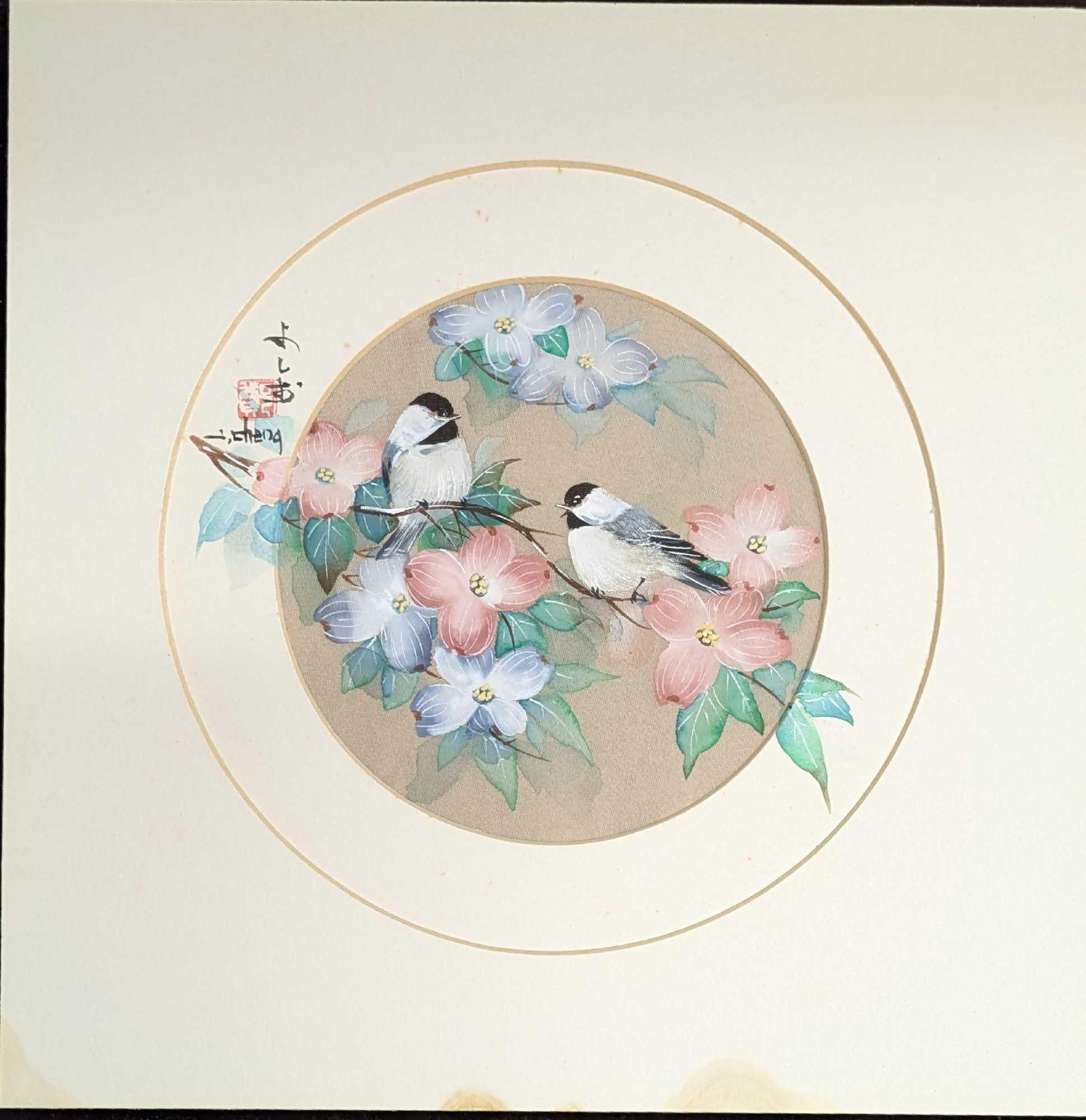 Original Cheng Watercolor On Silk Birds & Flowers: Original Cheng Watercolor On Silk Birds & Flowers. This is approx 10"x 10" and it weighs 0.10lb. The original is signed "Cheng" on the left and there are some markings on the bottom edge and center ma