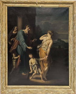 After Adriaen Van Der Werff - The Expulsion Of Hagar And Ishmael R90: After Adriaen Van Der Werff - The Expulsion Of Hagar And Ishmael R90. Was signed and dated on the bottom right. Original hand painted based off the classic painting. The framed painting is approx 33"