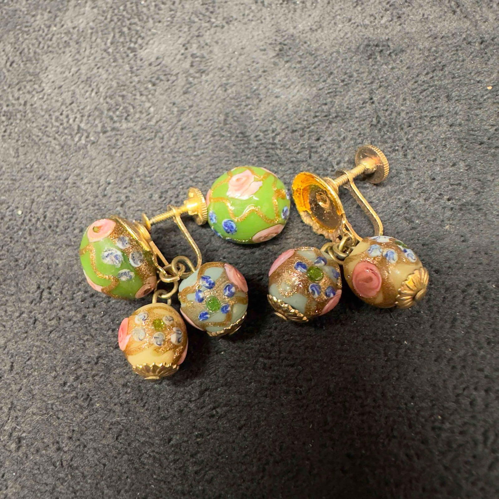 Murano Venetian Art Glass Lamp Work Green Creme Blue Beaded Dangle Earrings D88 (1 of 6)