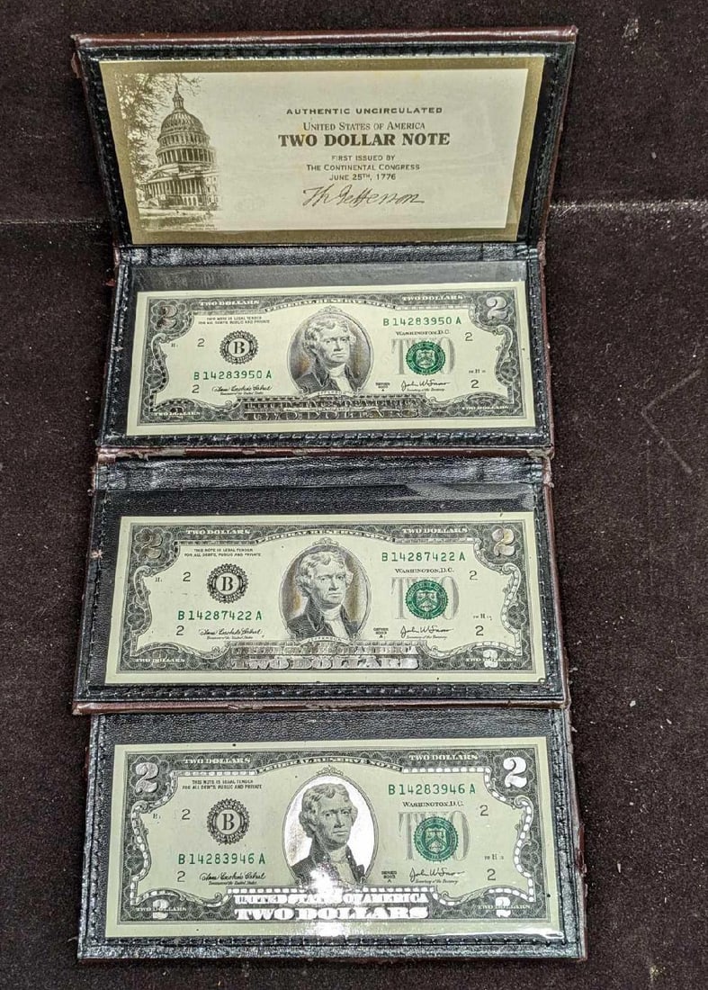 3 World Reserve Monetary Exchange 2 Dollar Notes Gold Leaf A: 3 World Reserve Monetary Exchange 2 Dollar Notes Gold Leaf A. World Reserve Monetary Exchange 2003 A Two Dollar Note in Folder - 22k Gold leaf. Each note comes in a faux leather case that is appr