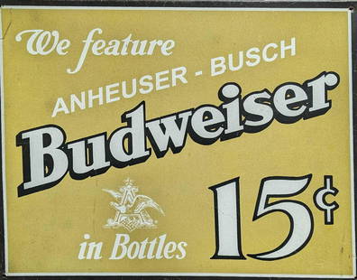 Anheuser Busch Budweiser Reproduction Tin Beer Sign: Anheuser Busch Budweiser Reproduction Tin Beer Sign. This is approx 16" x 12 3/8" and it weighs 0.65lb. Made by Desperate Enterprises, Etc. The sign has some markings, cracks, and scratches, giving it