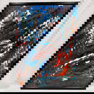 Abstract Expressionism Black Frame Artwork Expressionist Painting JB: This striking abstract painting exemplifies the energy and vibrancy of the Abstract Expressionist movement. The artwork features bold brushstrokes and a dynamic palette of blues, reds, and whites, cre