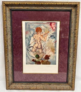 Sinbad Le Marin By Salvador Dali: Color lithograph by Salvador Dali titled "Sinbad le Marin" from the 1978 "A Thousand and One Nights" suite, depicting the mythical sailor in surrealist style with vivid colors and gilt highlights. Sig