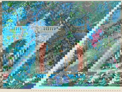 John Kiraly "My Far Pavilion" Serigraph w/ COA: John Kiraly &#34;My Far Pavilion&#34; Serigraph w/ COA  This large serigraph by John Kiraly features a neoclassical structure in a brightly colored tropical setting, as is his trademark. Beneath the b
