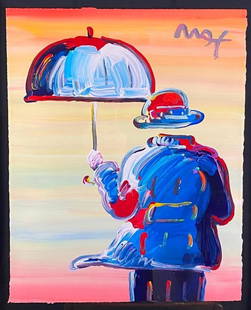 Peter Max Umbrella Man Acrylic on Paper: Peter Max Umbrella Man Acrylic on Paper  This original acrylic on paper by Peter Max features his famous silhouette of a man with an umbrella watching a sunrise. The Umbrella Man paintings stem from a