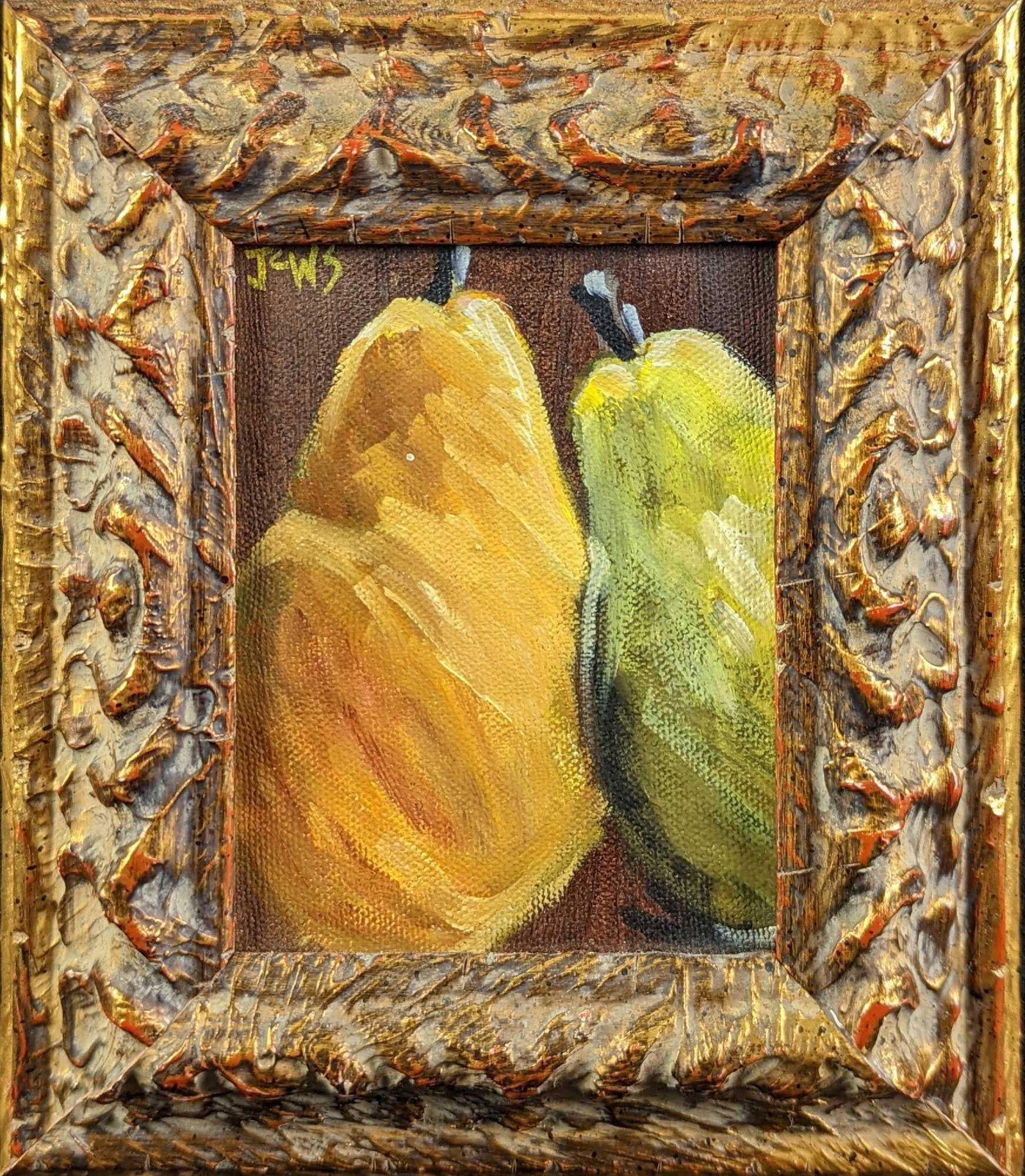 Vintage Mini Framed Acrylic On Canvas Perfect Pear: Original framed acyclic on mini canvas of two pears, or a "Perfect Pear". The original is signed on the top left by the artist. The original is approx 7" x 1 1/2" x 8 1/4" and is weighs 1.10lb. The im