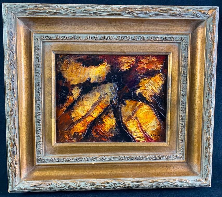 Jane Segrest "Fossil" Original Oil on Canvas: Jane Segrest "Fossil" Original Oil on Canvas Oil on canvas signed Jane Segrest, depicting abstract rust colored shapes contrasting a black background. The painting is titled "Fossil"