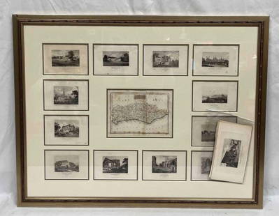 Framed Collection Engravings & A Map From The Excursions In The County Of Sussex Published In 1822: This lot contains a&nbsp;Framed Collection Engravings & A Map From The Excursions In The County Of Sussex Published In 1822. It is approx 28" x 35 3/4" and it weigh about 11lbs. Overall the frame is i