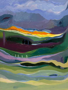 Original Abstract Acrylic On Canvas Landscape "Happy Place" By Jess Hannum (SB223): This lot contains a Original Abstract Acrylic On Canvas Landscape "Happy Place" By Jess Hannum. The canvas depicts richly layered acrylic fields of colors on canvas. It is approx 40" x 30" x 1 1/2" an