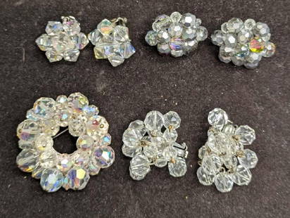 Vintage Unmarked AB Crystal And Beaded Clip On Earrings And Brooch: Vintage Unmarked AB Crystal And Beaded Clip On Earrings And Brooch. This lot includes: (1) Unmarked AB Crystal Silver Tone Brooch. This is approx 1 3/4" x 1 3/4" x 1/2". (1) Unmarked Pair