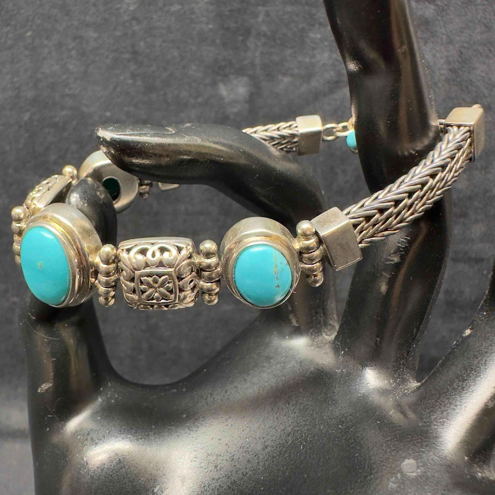 Sterling Silver Trio Oval Turquoise Accents Bracelet with Toggle Closure (1 of 12)