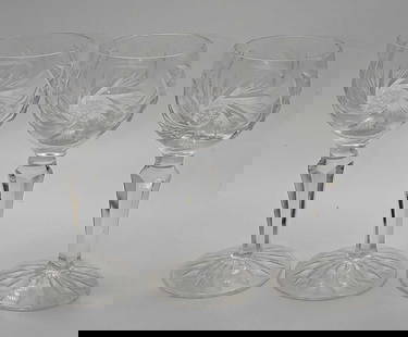 3 American Cut Juliette Pattern Cordial Glasses: 3 American Cut Juliette Pattern Cordial Glasses. This lot includes three American Cut Juliette Pattern Cordial Glasses. Each is approx 2 1/4" x 2 1/4' x 4 3/4" and the total weight is 0.71lb. The glas