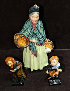 Royal Doulton Orange Lady Fagin Tiny Tim Figurines: Royal Doulton Orange Lady Fagin Tiny Tim Figurines. This lot includes:  (1) Retired Royal Doulton Orange Lady Figurine. This was designed by Leslie Harradine and was released from the year 1940 to the