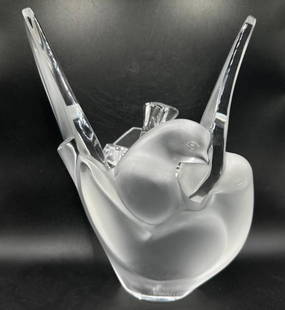 Lalique Sylvie Vase w/ Flower Frog: Lalique Sylvie Vase w/ Flower Frog  Sylvie vase by Lalique, in clear crystal with their signature frosted texture. The vase stands approximately 4.75&#34; tall, and weighs approximately 1.6 lbs. In go
