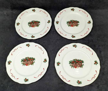 4 Retired Menuet Basket Of Cheer China Dinner Plates A: 4 Retired Menuet Basket Of Cheer China Dinner Plates A. Each is approx 10 1/2" x 10 1/2" x 1". The total weight is 5lbs. The plates have no chips or cracks.&nbsp;