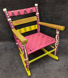 Whimsical Painted Child's Rocking Chair: Whimsical Painted Child's Rocking Chair. This rocking chair is approx 14 3/4" x19 1/2" x 19 3/4" and it weighs&nbsp;5.10lbs. The chair has some markings and chips. The maker and date of creation are u