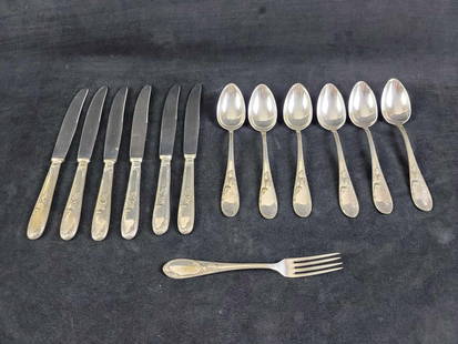 Vintage Flatware Alpacca MS: This lot contains flatware stamped MS in a box and Alpacca. It has a Floral trim at the end of the handle. The knives are stamped on the blade, word not legible. Maker and date unknown. All are in goo