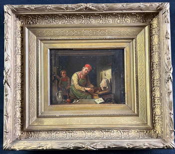 Antique Oil Painting on Metal Canvas: Antique Oil Painting on Metal Canvas This is an oil painting on a metal canvas with a semi-gloss varnish. The artwork looks to depict tradesmen teaching their young apprentice their trade. This painti