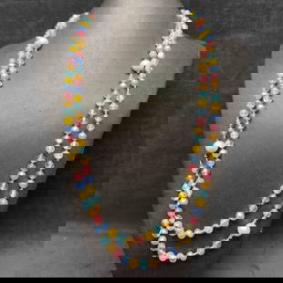 Murano Venetian Lamp Work Art Glass Light Bright Multi Colored Beaded Long Necklace G18: Murano Venetian Lamp Work Art Glass Light Bright Multi Colored Beaded Long Necklace G18. Necklace with light bright multi colored glass beads with beautiful designs on each. The necklace features a sp