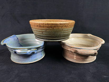 Vintage Artisan Signed Glazed Stoneware Bowls Lot Of 3: Vintage Artisan Signed Glazed Stoneware Lot Of 3  Jator Signed Brown Green Bowl 6&#34; round 2.5&#34; tall Blue Light Blue Bowl 6&#34; round 2.5&#34; tall White Lig
