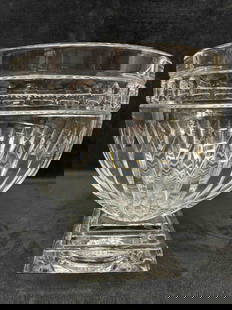 Large Heavy Base Glass Crystal Bowl Dots and Lines Design Style: No chips, cracks, or breaks in the glass. This item is in good pre-owned, previously displayed condition with light wear, and surface scratches. Please reference all photos for full details.  Bowl: 8