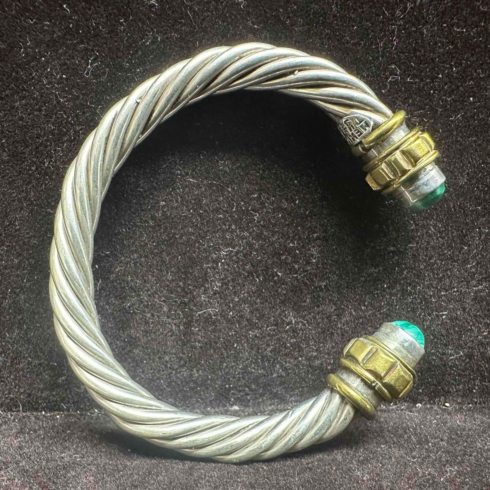 Malachite Sterling Silver Brass Accents Twisted Rope Cuff Bracelet 925 Mexico (1 of 11)