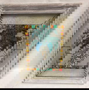 Vintage Art Nouveau Stained Glass in Frame: This lot contains Vintage Art Nouveau Stained Glass in Distressed Wood Frame. It is approx 20-1/2" x 24-3/4" x 3/4" and weighs about 6.0lbs. Overall the Stained Glass in good fair condition with signs