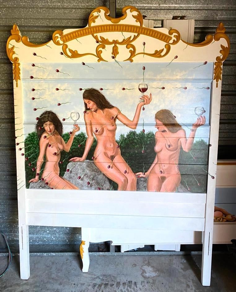 Vintage Bed Frame Painted By Pakovsky: Vintage Bed Frame Painted By Pacovsky Wooden bed frame painted by artist John Pacovsky, who made advertising art for Absente Absinthe and Absolute Vodka. The design features nude women, lounging and