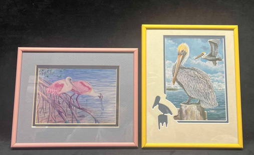 Two Framed Prints Pelican By James Harris & Flamingos By Debbie Hardy: This lot contains Two Framed Prints Pelican By James Harris & Flamingos By Debbie Hardy. Each frame is approx 10 1/4" x 8 1/4" x 1". Total weight is approx 2.7lbs. Overall the framed prints are in goo