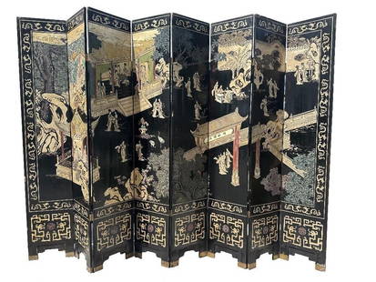 96" Tall Vintage Oriental Lacquer Screen: Vintage hand painted oriental screen with scenes on the front and reverse. Features 8 hinged panels. Has some cracking of the lacquer and some damage ed edges and corners. Please see photos for best d