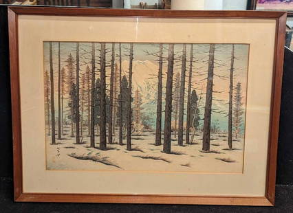 Vintage Mt Fuji Seen From Yamanaka Woodblock Print: Vintage Mt Fuji Seen From Yamanaka Woodblock Print. By Ito Takashi. The framed print is approx 18 3/4" x 3/8" x 14" and it weighs 2.30 lbs. The frame has chips and some discoloration on the matting. T