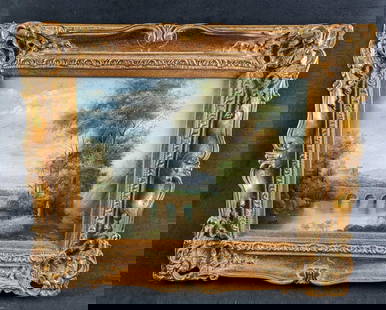 F5 Framed Oil On Canvas Bridge & Castle Scenery: Framed oil on canvas of an scenery that includes trees, a bridge, a lake and a castle in the background. The framed original is signed by the artist near the bottom left (Homer). The framed original i