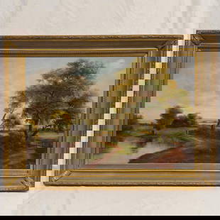 Large Oil On Canvas American Landscape Style Lake and Tree Scenery Signed By John Pollins 43" x 32": Large Oil On Canvas American Landscape Style Lake and Tree Scenery Signed By John Pollins 43&#34; x 32&#34;. This oil on canvas painting depicts a serene landscape with a river/lake curving through th