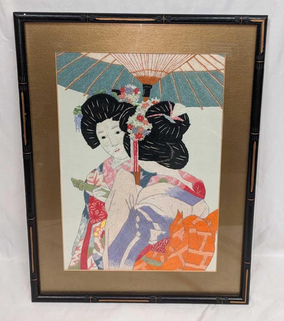 Vintage Japanese Embroidery Geisha Girls Textile Picture (1 of 6)