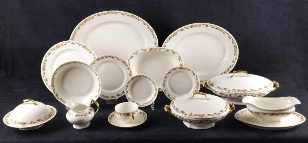 Vintage Retired Tressemanes Vogt French Dinnerware TRV182: This is a set of 79 dinnerware pieces by Tressemanes And Vogt. The design are flowers which border the dinnerware, this is referred to as "TRV182" by the designers. This has design has been re