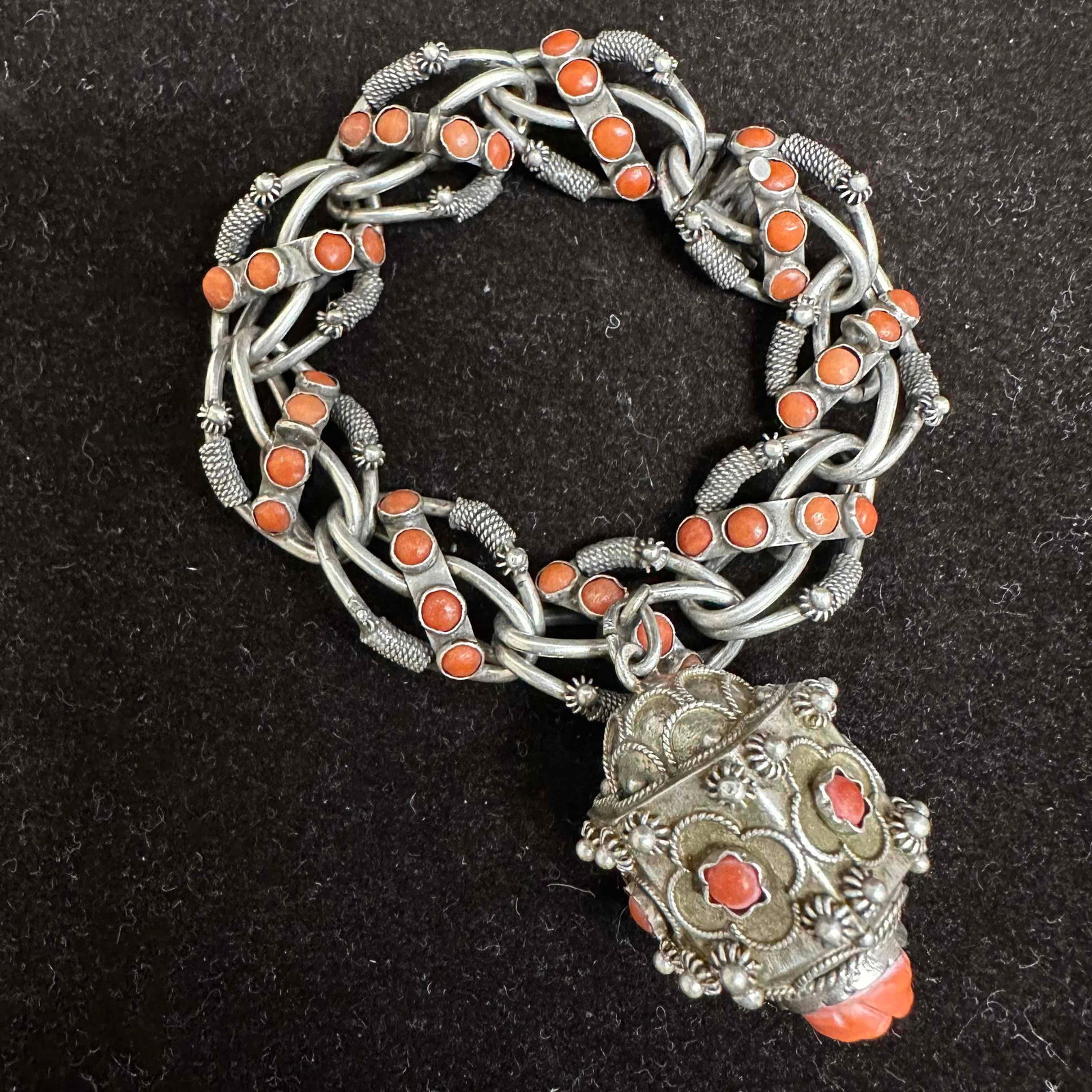 Carved Rose Floral Coral Accent Charm 800 Silver Bracelet I2: This item is in good pre-owned, previously used/displayed condition with noticeable light wear, and surface scratches. Please reference all photos for full details. This piece of jewelry has been test