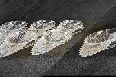 Six Vintage Glass Tea Cups Starburst Design: Six Glass Tea Cups Starburst Design This is a set of six pressed glass teacups that have small starburst designs all around the cup. These are in good condition with no known major damage, they may ha