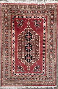 Soft Wool Rug, Possibly Turkish: Soft Wool Rug, Possibly Turkish  Wool rug with very soft pile. There are some stains on the fringe, but the rug itself is in good condition and has been cleaned recently. There is no tag on the rug, b