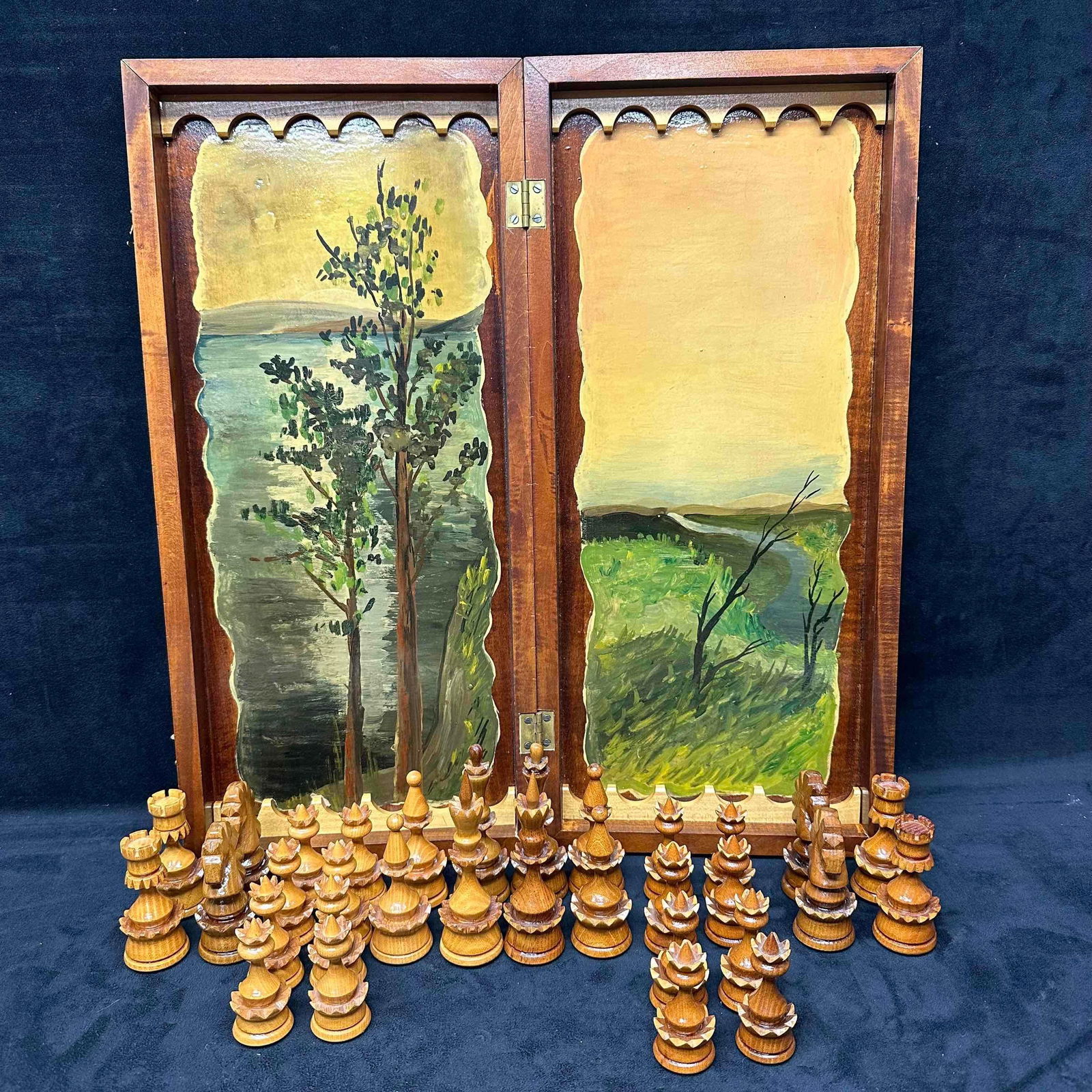 Hand Carved Wooden Crafted Painted Scene Wood Chess Piece Set (1 of 10)