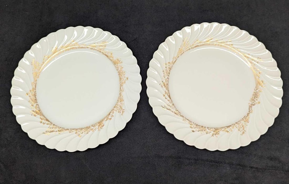 Retired Haviland Ladore 2 Dinner Plates: Retired Haviland Ladore 2 Dinner Plates. This Gold on White series of fine china was released in 1962 - 1988. The dinner plates are approx 10" x 10" x 1 1/8" and together they weigh 2.51lbs. The dinne