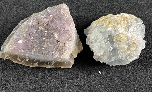 Geode Amethyst Cluster & Celestite Cluster: Geode Amethyst Cluster &amp; Celestite Cluster This lot has two raw crystal clusters. One cluster is an amethyst from a geode. the other cluster is of Celestite. Both clusters are in good condition  r