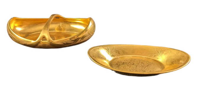 Two Vintage Gold Painted Small Platters Bowls: This lot includes:  (1) Hutschenreuther Selb 22K Gold painted serving porcelain basket. This is approx 7&#34; x 5&#34; x 2&#34;. Is in a good, vintage condition with some wear and scratches. (1) Tk Cz