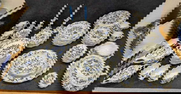 Retired Blue Danube Blue Onion Porcelain Dinnerware Lot Of 82 Made In Japan: Retired Blue Danube Blue Onion Porcelain Dinnerware Lot Of 82 Made In Japan. This lot includes:  (1) 10&#34; Oval Vegetable Bowl. This is approx 2 1/4&#34; x 10&#34; x 7 3/4&#34;. This has some residu