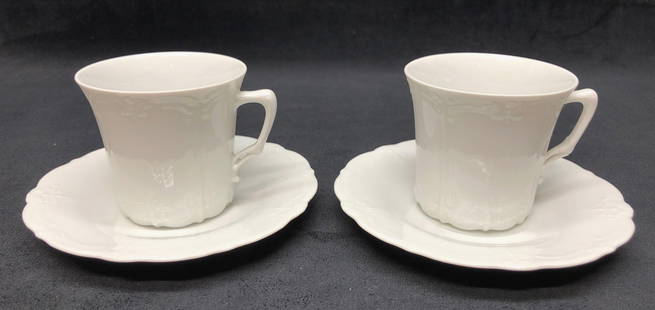Hunterschenreuther Selb Bavaria 4pc Tea Cup & Saucer Set  - Made in Germany - "Racine" White Pattern: Vintage Tea Cup and Saucer Set - Hunterschenreuther Selb Bavaria - Made in Germany - &#34;Racine&#34; All White Pattern.  (2pcs) Tea Cup 3-3/4&#34; x 3-1/4&#34; x 3&#34; (2pcs) Saucer 6&#34; x 6&#34;