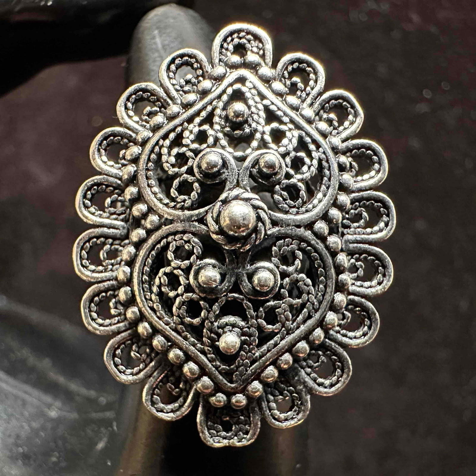 Ornate Dual Heart Shape Filigree Small Metalwork Beaded Sterling Silver Ring: This item is in good pre-owned, previously used/displayed condition with noticeable light wear, and surface scratches. Please reference all photos for full details. This piece of jewelry has been test
