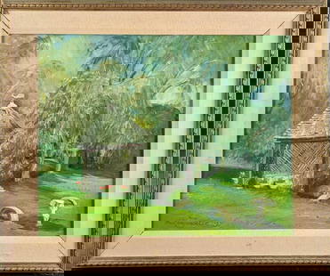 Original Paul Longenecker Framed Oil On Canvas Panel: Original Paul Longenecker Framed Oil On Canvas Panel. This original shows a lovely little gazebo along with a grassy field. The original is 25&#34; x 1 1/2&#34; x 21&#34; and it weighs 4lbs. The origi