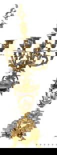 Modern Reproduction Of Lancini Candelabra: This lot contains a modern reproduction of the classic antique candelabra originally made by artist Lancini and the Hermle company. This reproduction is brass plated and made with porcelain. The cande