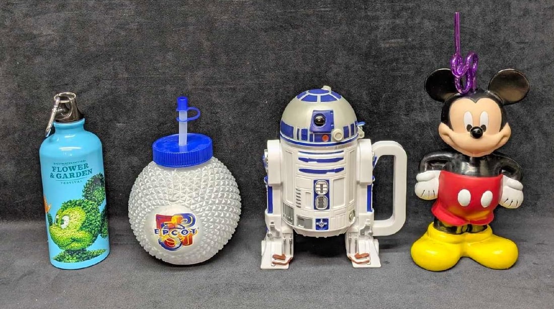 Disney Exclusive Mickey Mouse EPCOT R2D2 Garden Sippers Bottles: Disney Exclusive Mickey Mouse EPCOT R2D2 Garden Sippers Bottles. This lot contains: (1) Monogram Products Plastic Mickey Mouse Super Sipper With Straw. This is approx 9 3/4" x 5 1/4" x3 1/4&#