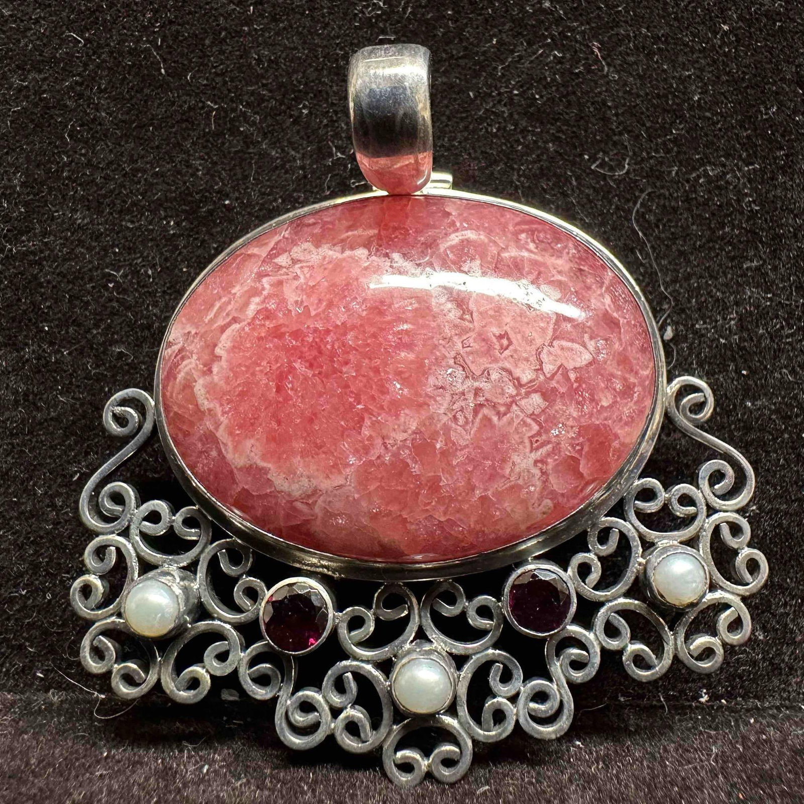 Large Rhodochrosite Cabochon Garnet and Pearl Sterling Silver Filigree Pendant D33: This item is in good pre-owned, previously used/displayed condition with noticeable light wear, and surface scratches. Please reference all photos for full details. This piece of jewelry has been test